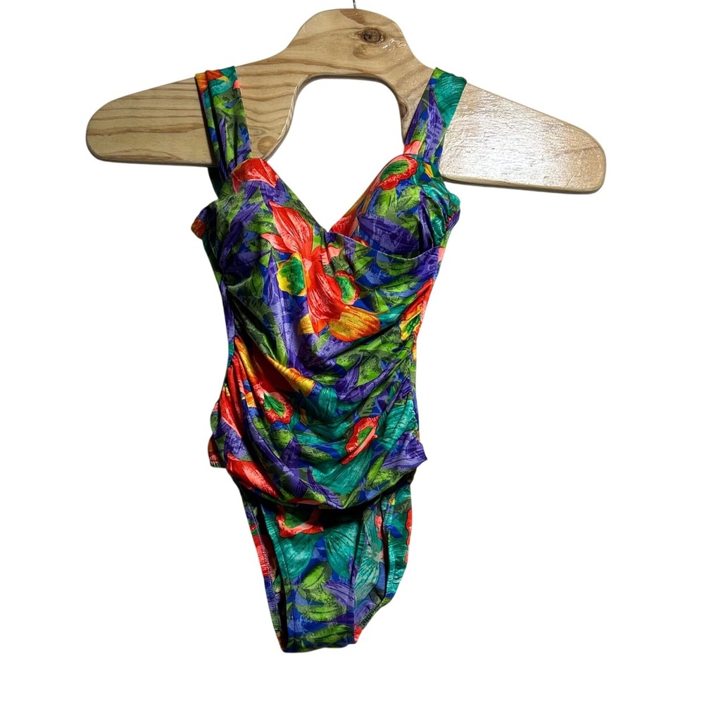 Sirena Vintage Floral One Piece Swimsuit Purple Green Orange Size 10‎ Style 3547
